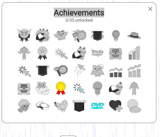 The list of achievements in Stimulation Clicker.