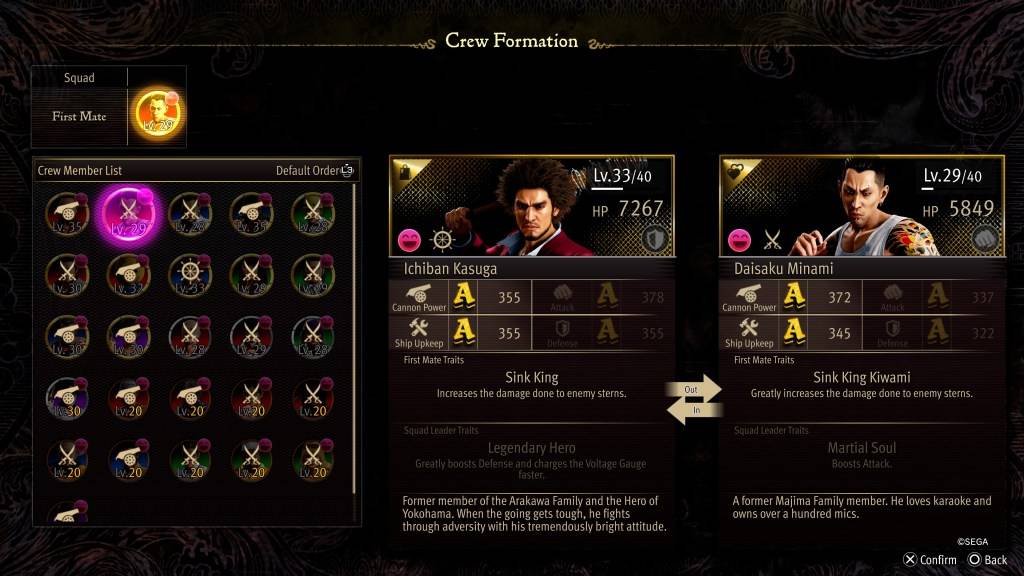 Het STAT -scherm van de crew -formatie voor Minami in Like a Dragon: Pirate Yakuza in Hawaii