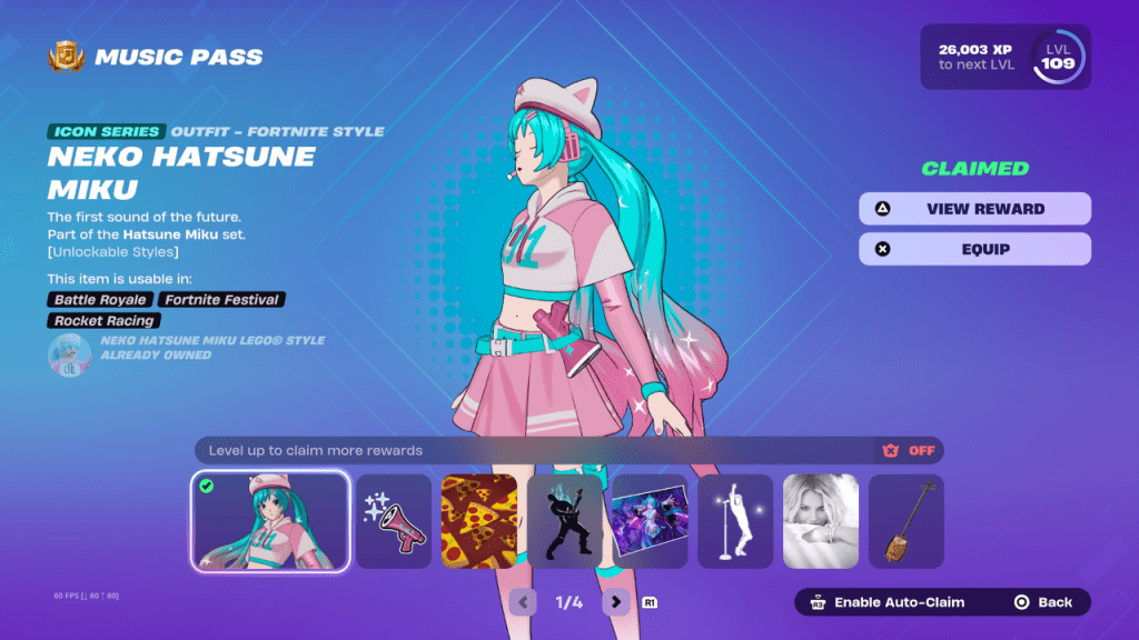 Neko Hatsune Miku Skin in the Fortnite Festival Season 7 Music Pass