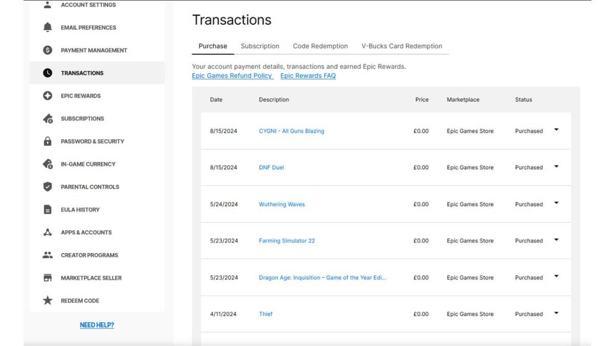 Epic Games transactions page showing Fortnite V-Buck purchases.