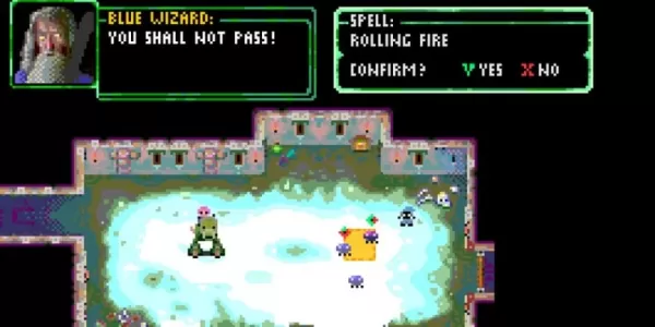 A picture of a pixellated ice cave in which a woman and an orc-like monster stand in conversation.