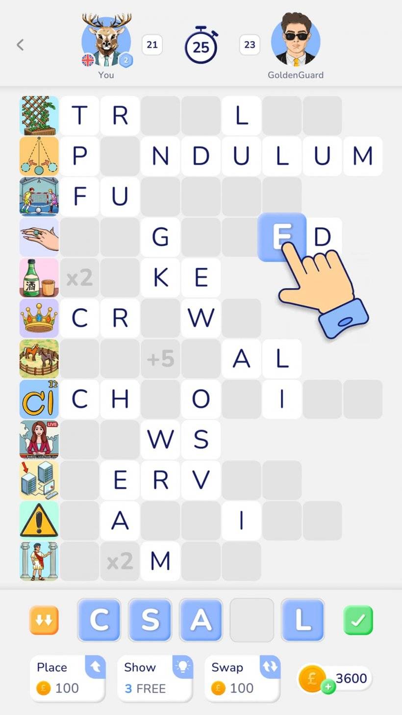 Uno screenshot del gameplay simile a Sudoku di WordPix con qualcuno che indovina parole basate su piccole icone e lettere rivelate