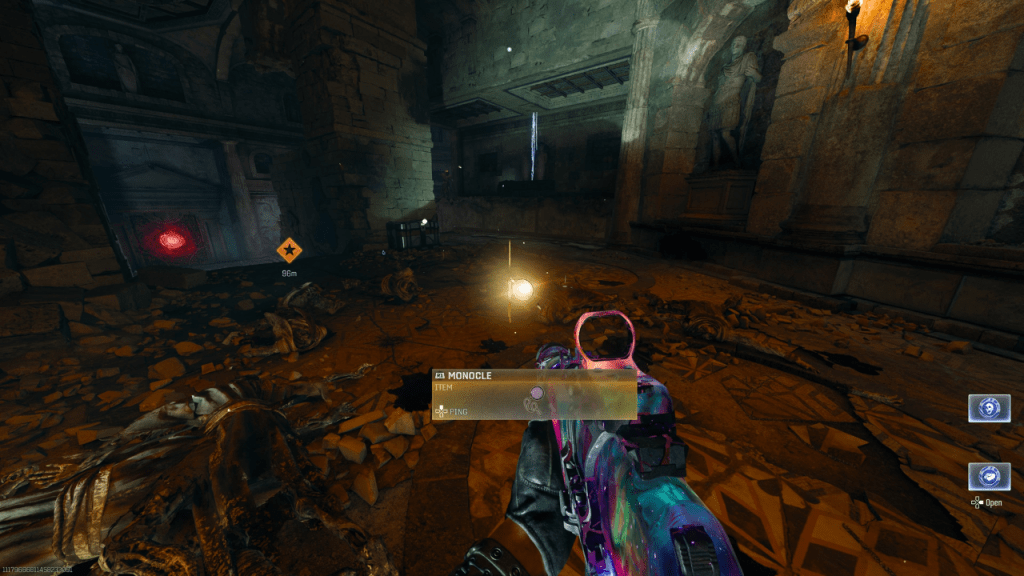 The Monocle component near ancient murals in Black Ops 6 Zombies' The Tomb map.