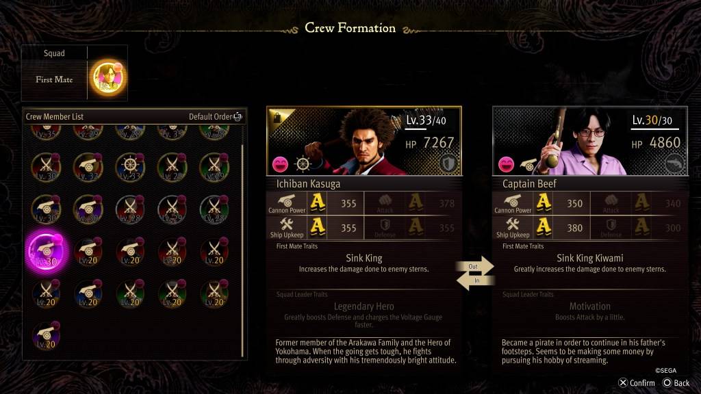 Het Crew Formation Stat -scherm voor Captain Beef in Like a Dragon: Pirate Yakuza in Hawaii