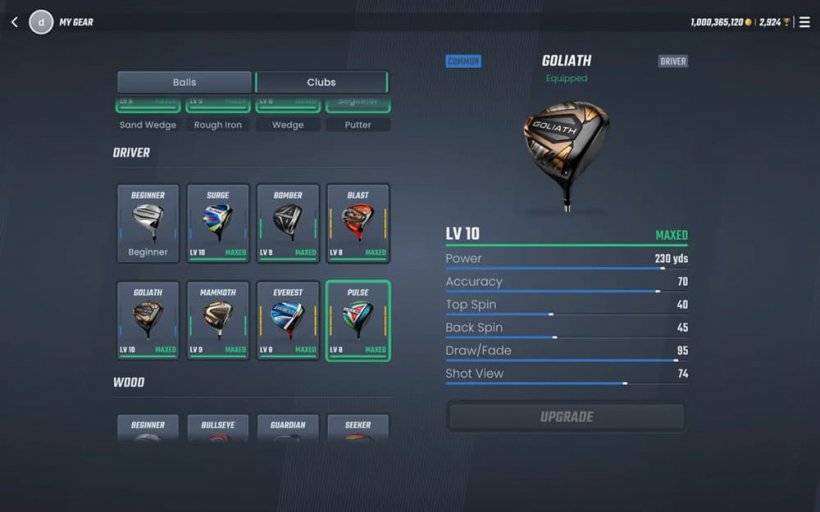 A screenshot of a menu in PGA Tour Pro Golf showcasing various upgradeable clubs and gear.