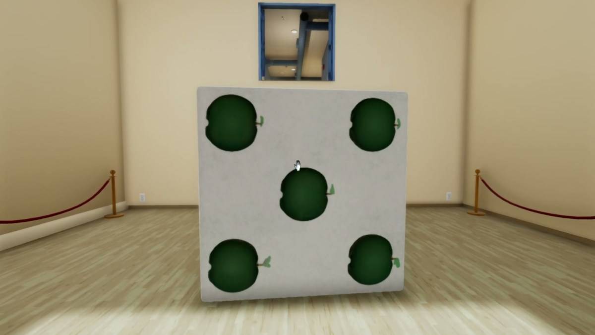 Superliminal - a gigantic dice near a door, in an art gallery.