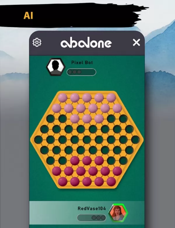 Abalone mobile gameplay screenshot showing hexagonal board with black and white marbles in strategic positions